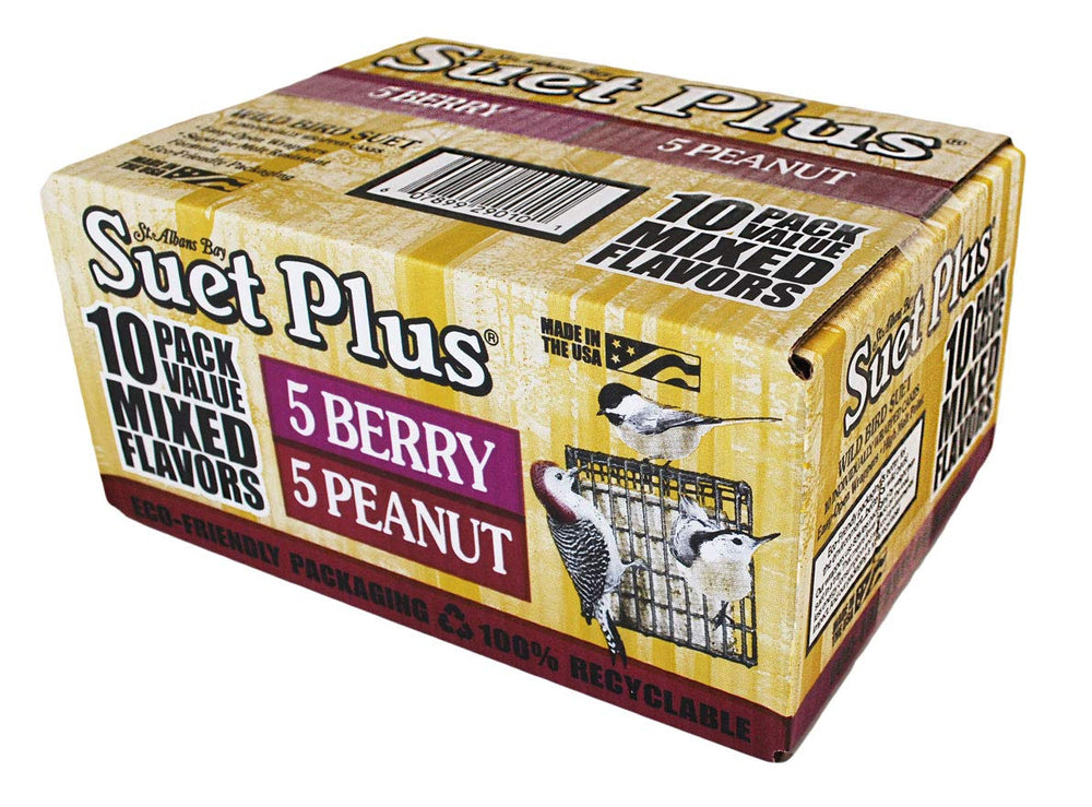 Wildlife Sciences ST. ALBANS BAY front packaging showing ten 11 oz suet cakes and recyclable wrap for easy handling