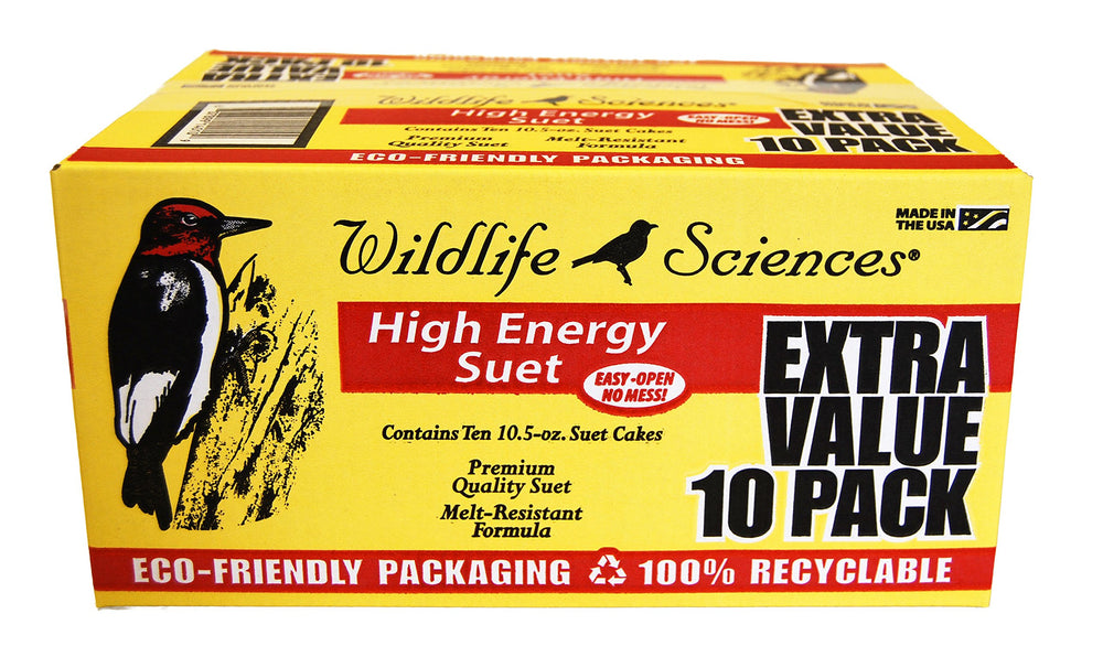 Wildlife Sciences front packaging showing ten suet cakes and benefits