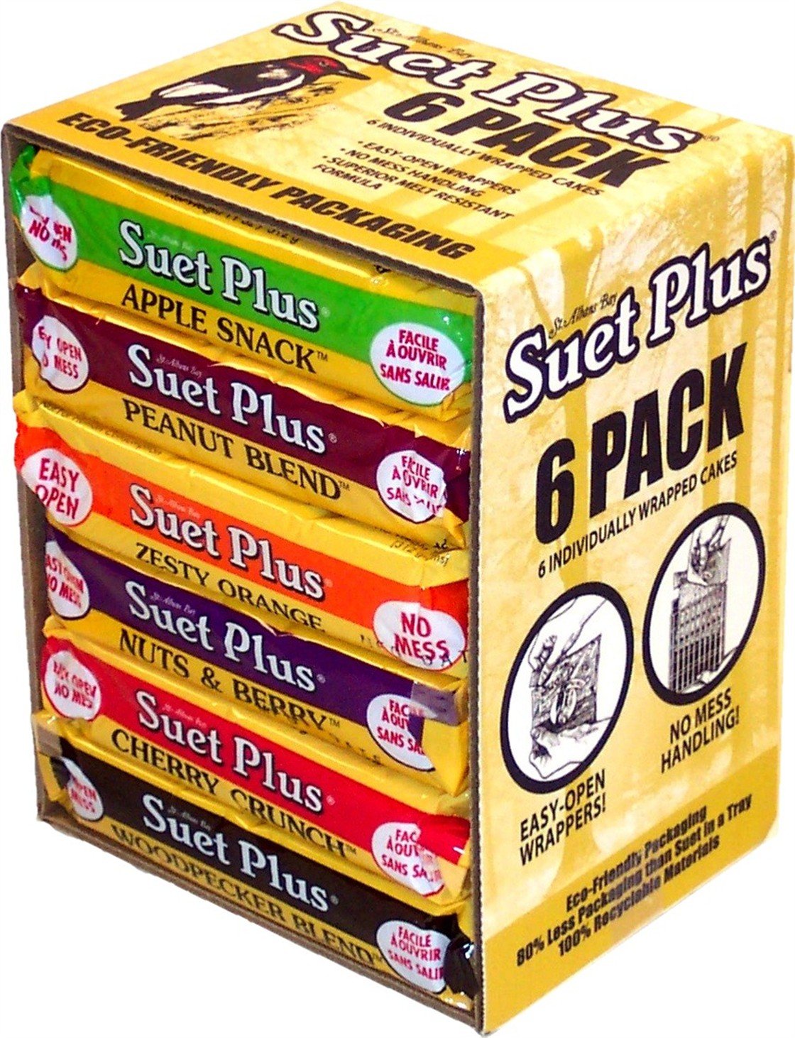 Wildlife Sciences front pack view showing six assorted suet cakes and clear film protection