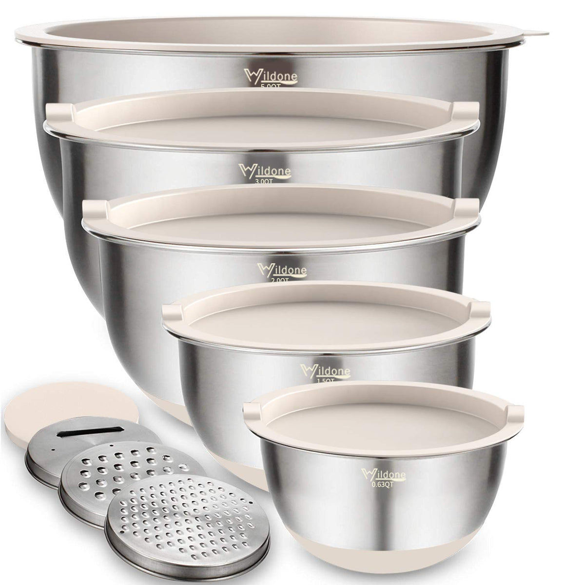 Wildone khaki nesting bowls front view showing full set and lids for versatile storage
