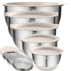 Wildone khaki nesting bowls front view showing full set and lids for versatile storage