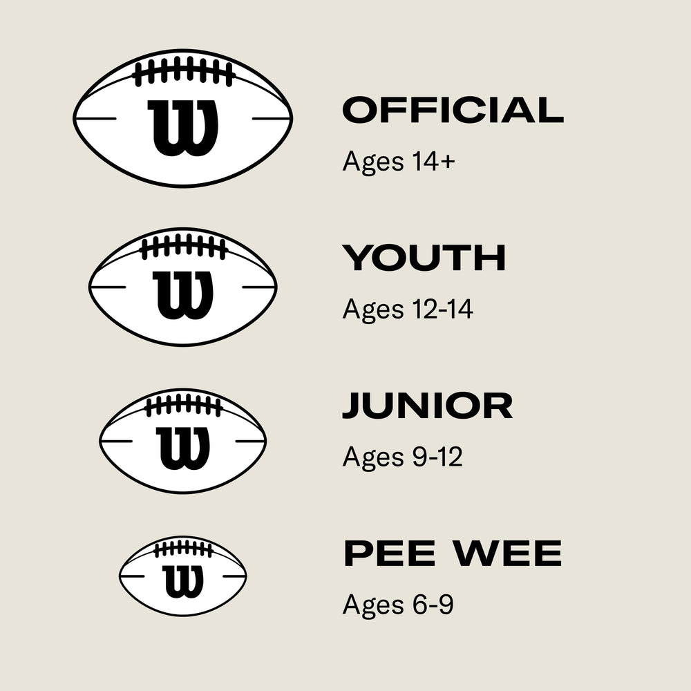 WILSON ball next to ruler showing official-size scale for correct age-appropriate use