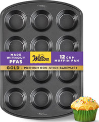 Wilton gold front view showing full 12-cup pan and even cavities benefit