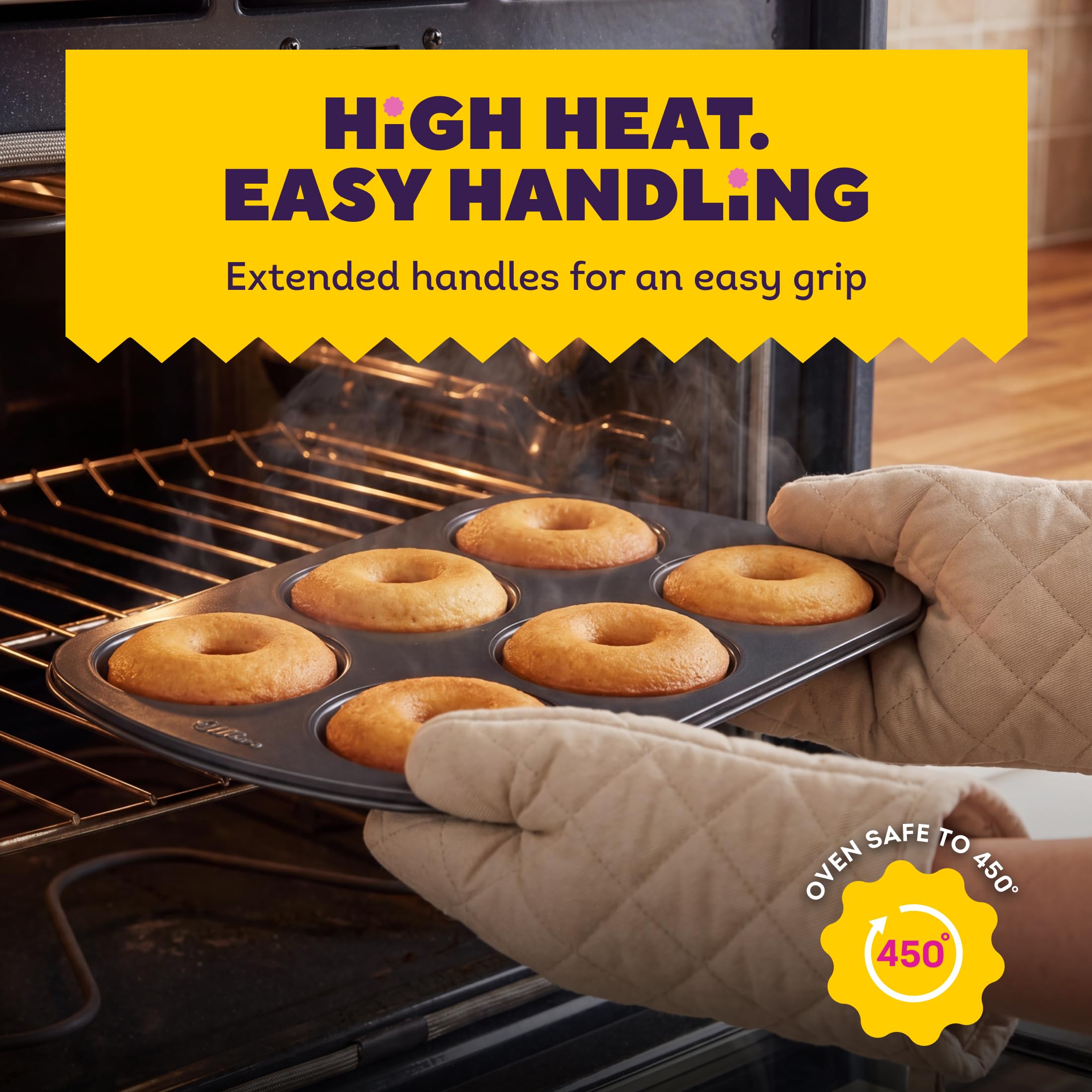Wilton product label emphasizing PFAS-free construction for safer bakeware choices