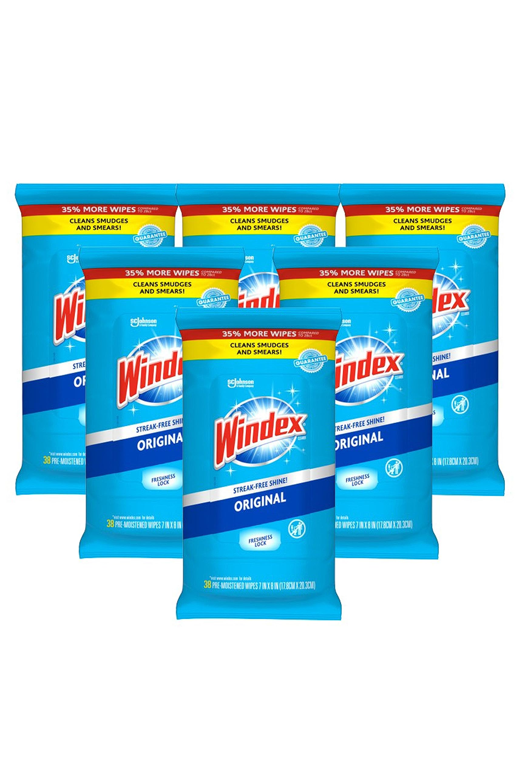 Windex front packaging showing six resealable pouches and brand shine