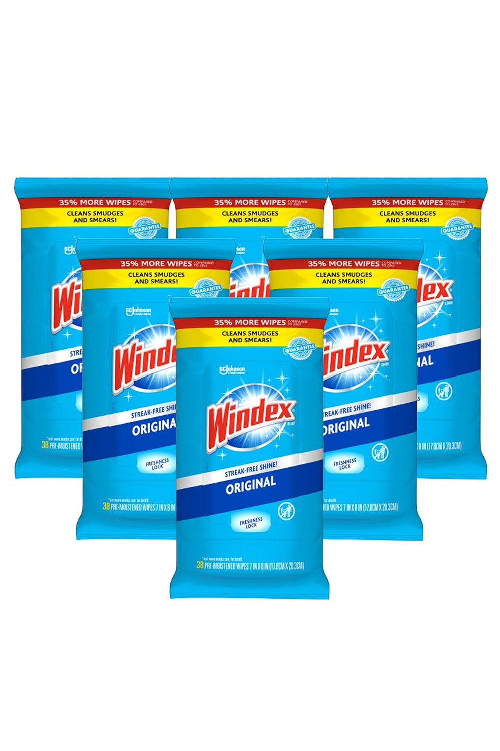 Windex front packaging showing six resealable pouches and brand shine