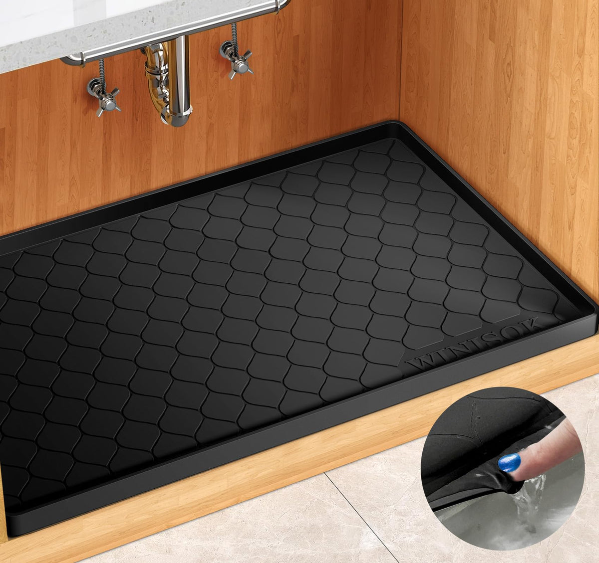 Winisok front view of black under-sink mat showing full coverage benefit