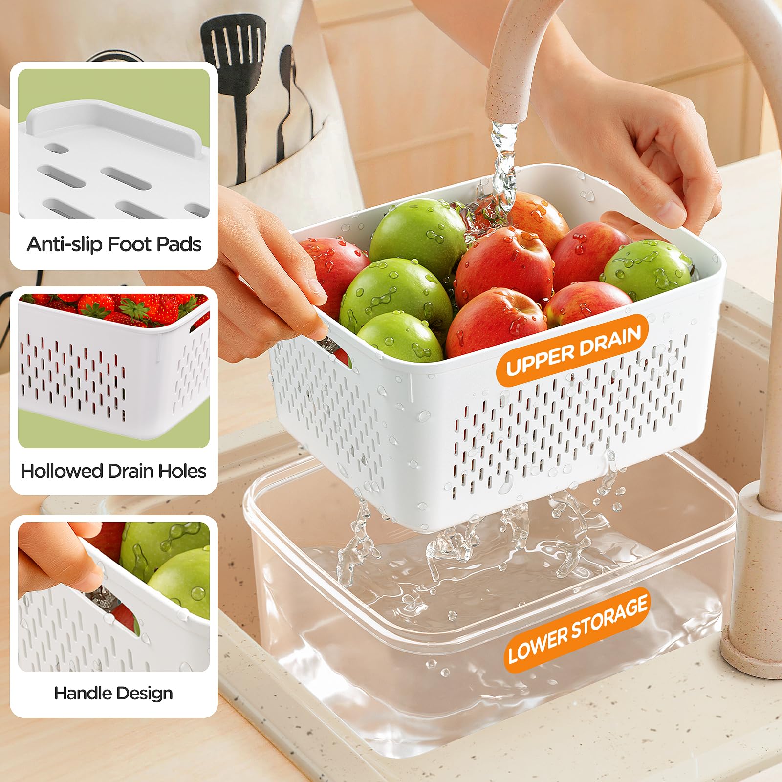 Winproper close-up of removable colander demonstrating easy rinsing and water drainage benefit