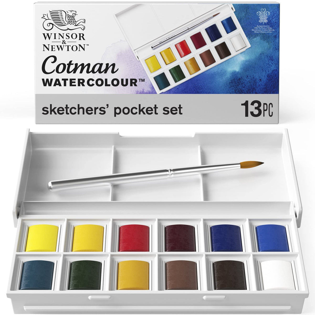 Winsor & Newton front view of compact sketchers' pocket set showing organized pans and lid palette for portability