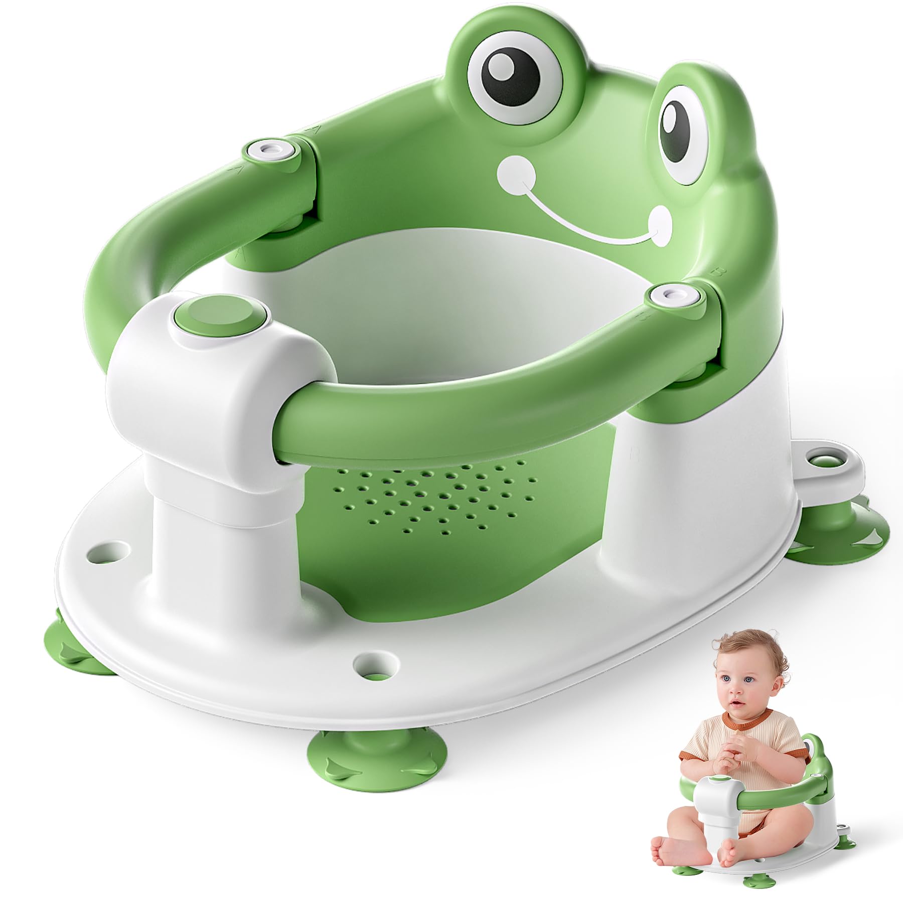 wiqins front view of bath seat showing stable surround and playful frog design benefit safety