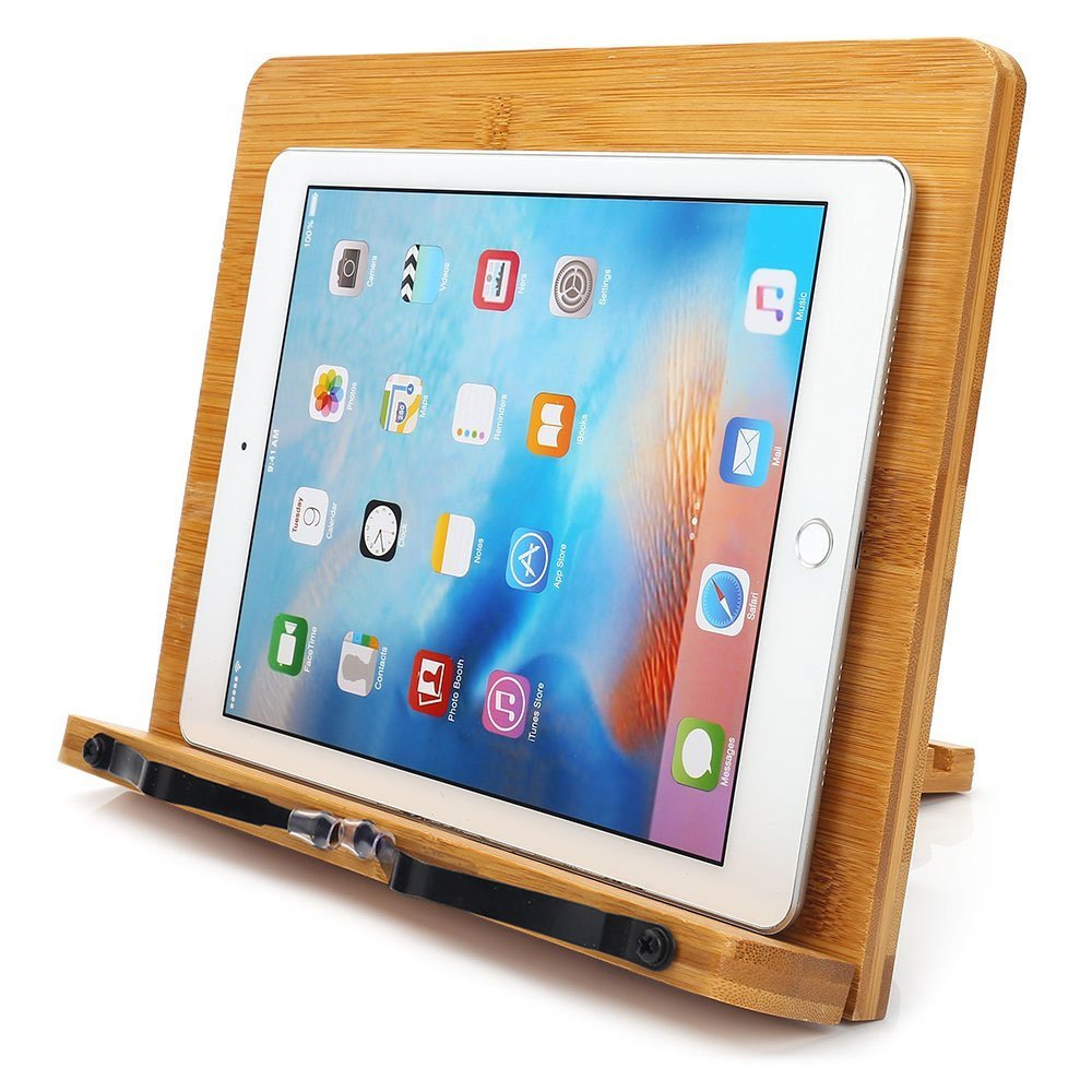 wishacc bamboo bookstand side angle demonstrating adjustable tilt for ergonomic benefit