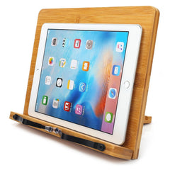 wishacc bamboo bookstand side angle demonstrating adjustable tilt for ergonomic benefit