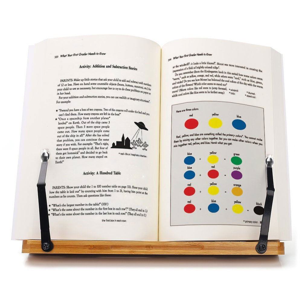 wishacc bamboo bookstand holding an open cookbook to keep recipes visible while cooking