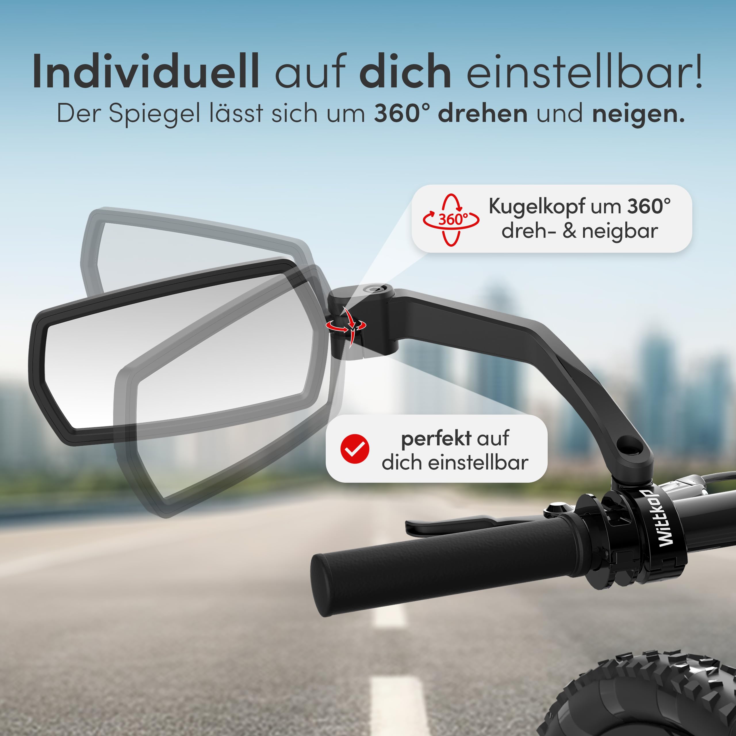 WITTKOP mirror beside handlebar showing compact scale and fit