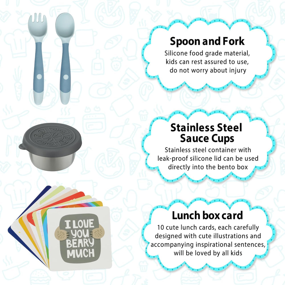 wiwens stainless sauce cups and utensils layout highlighting leakproof condiments and soft-grip cutlery