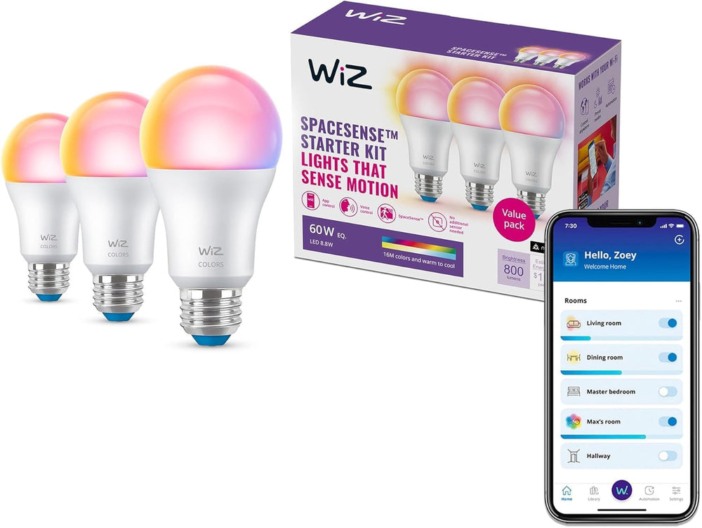 WiZ Connected bulb front packaging showing product and benefits