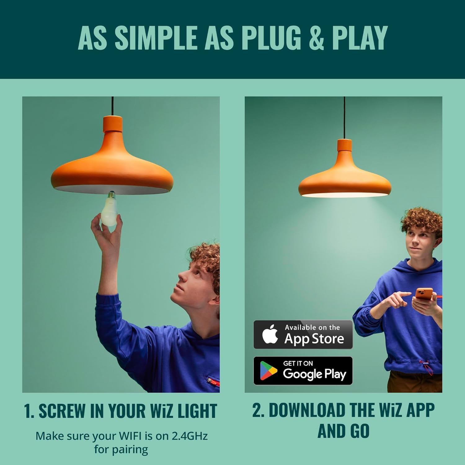 WiZ Connected bulb held in hand to show A19 scale and easy install