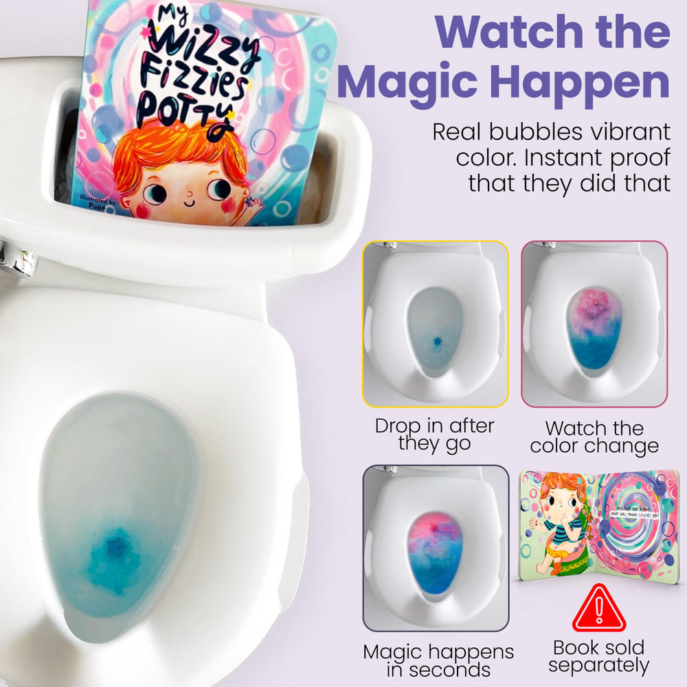 Wizzy Fizzies dissolving in a toilet bowl showing vivid color transformation