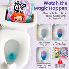 Wizzy Fizzies dissolving in a toilet bowl showing vivid color transformation