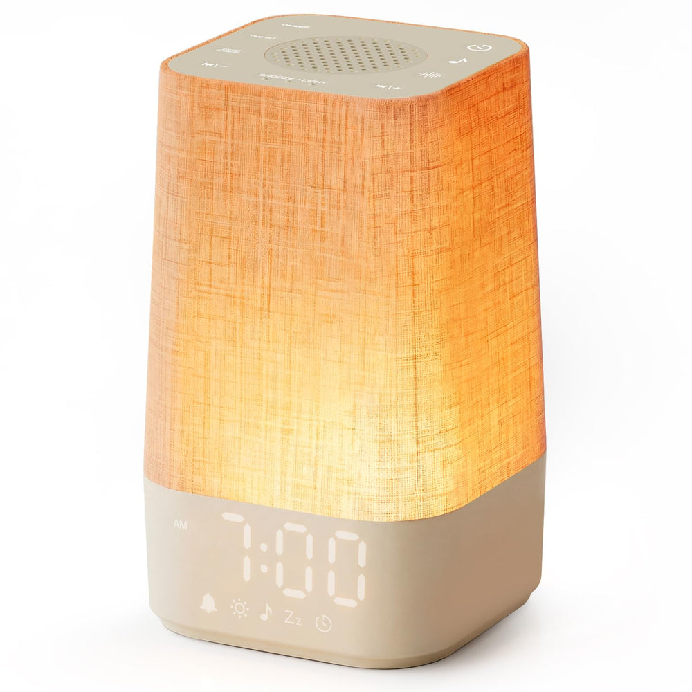 Wkzay front view on bedside table showing gentle wake light and clock, calming mornings