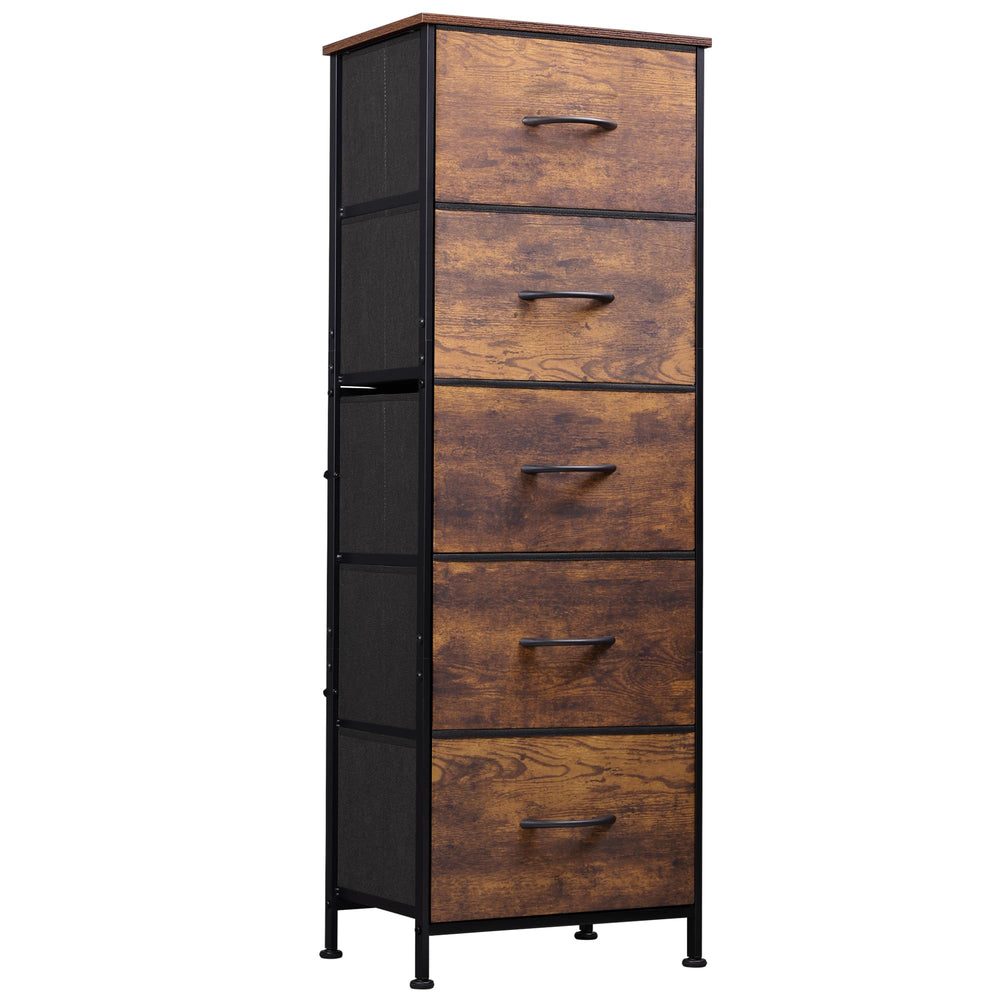 WLIVE front view showing rustic brown five-drawer storage and space-saving benefit