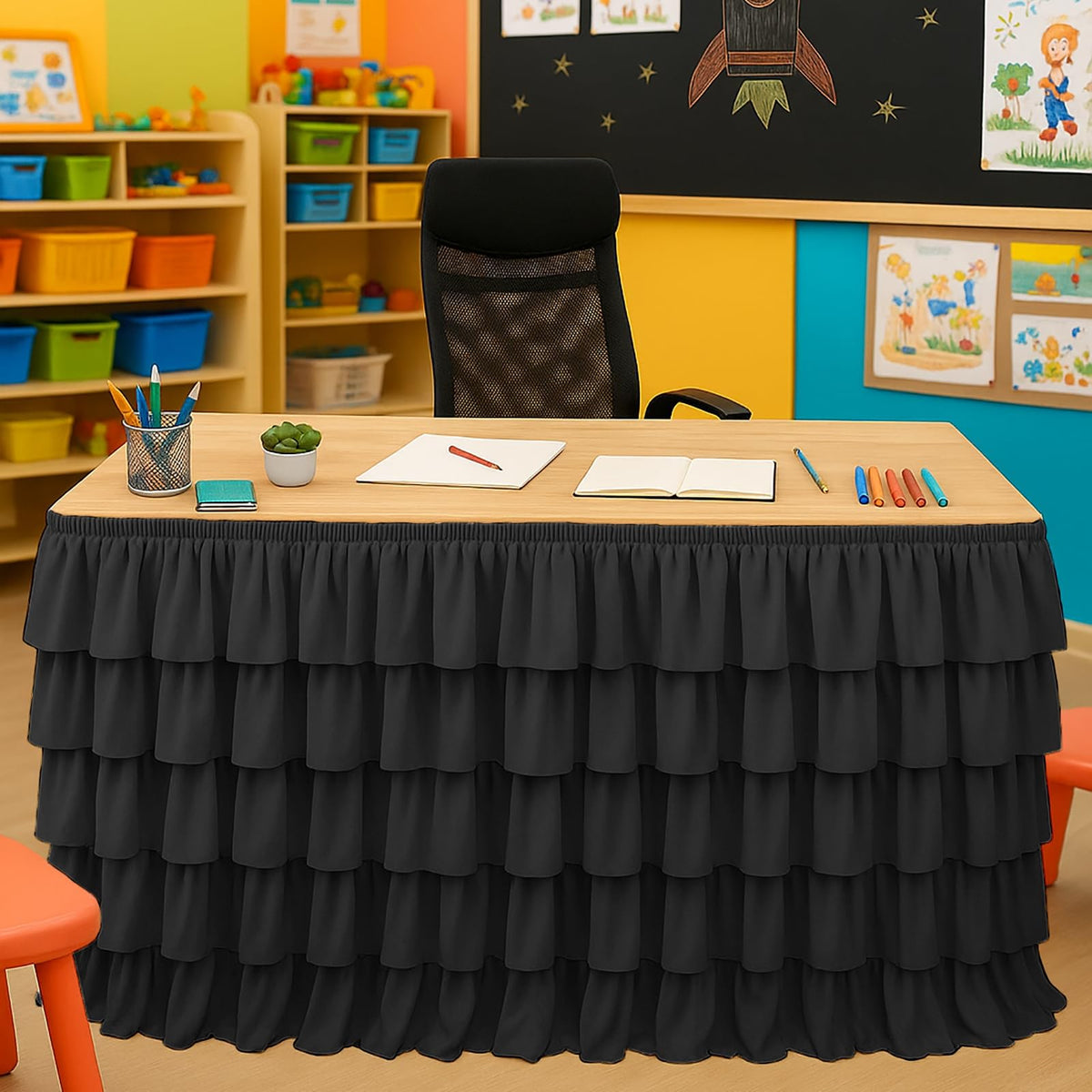 Wokuaile front view of 6ft desk skirt showing tidy coverage and professional look