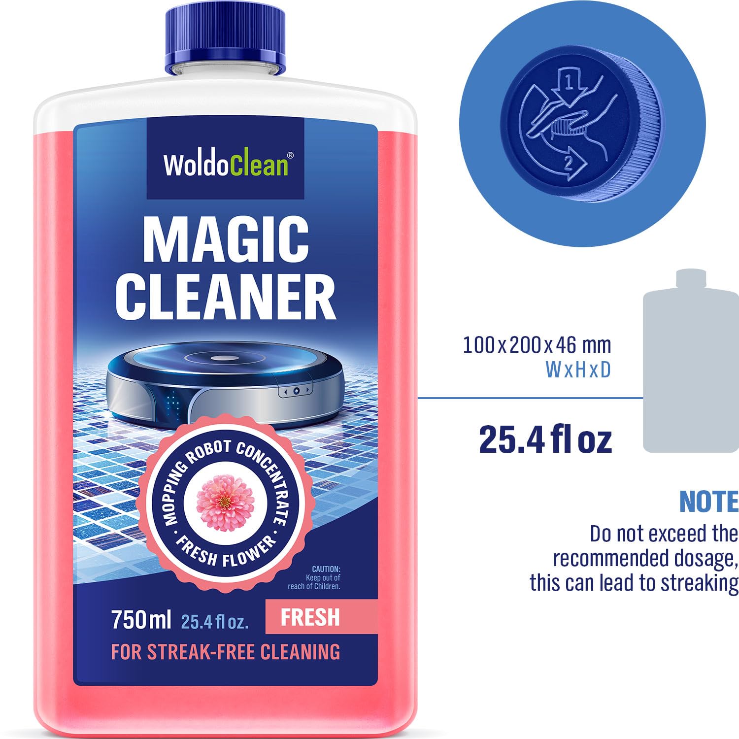 WoldoClean bottle near various robot mop units showing broad compatibility benefit