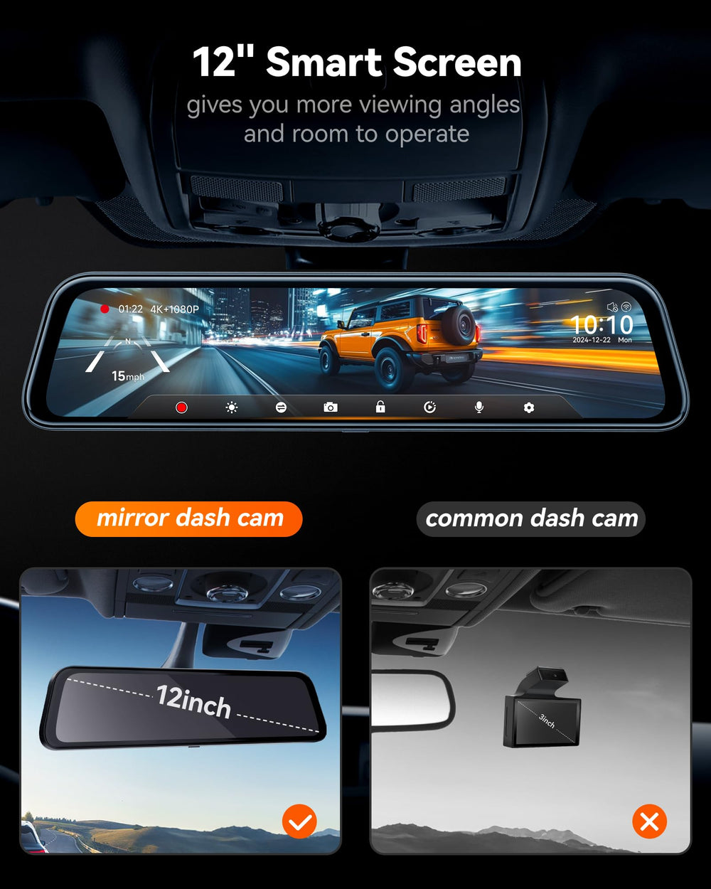 WOLFBOX mirror dash cam beside ruler showing size and scale fitment