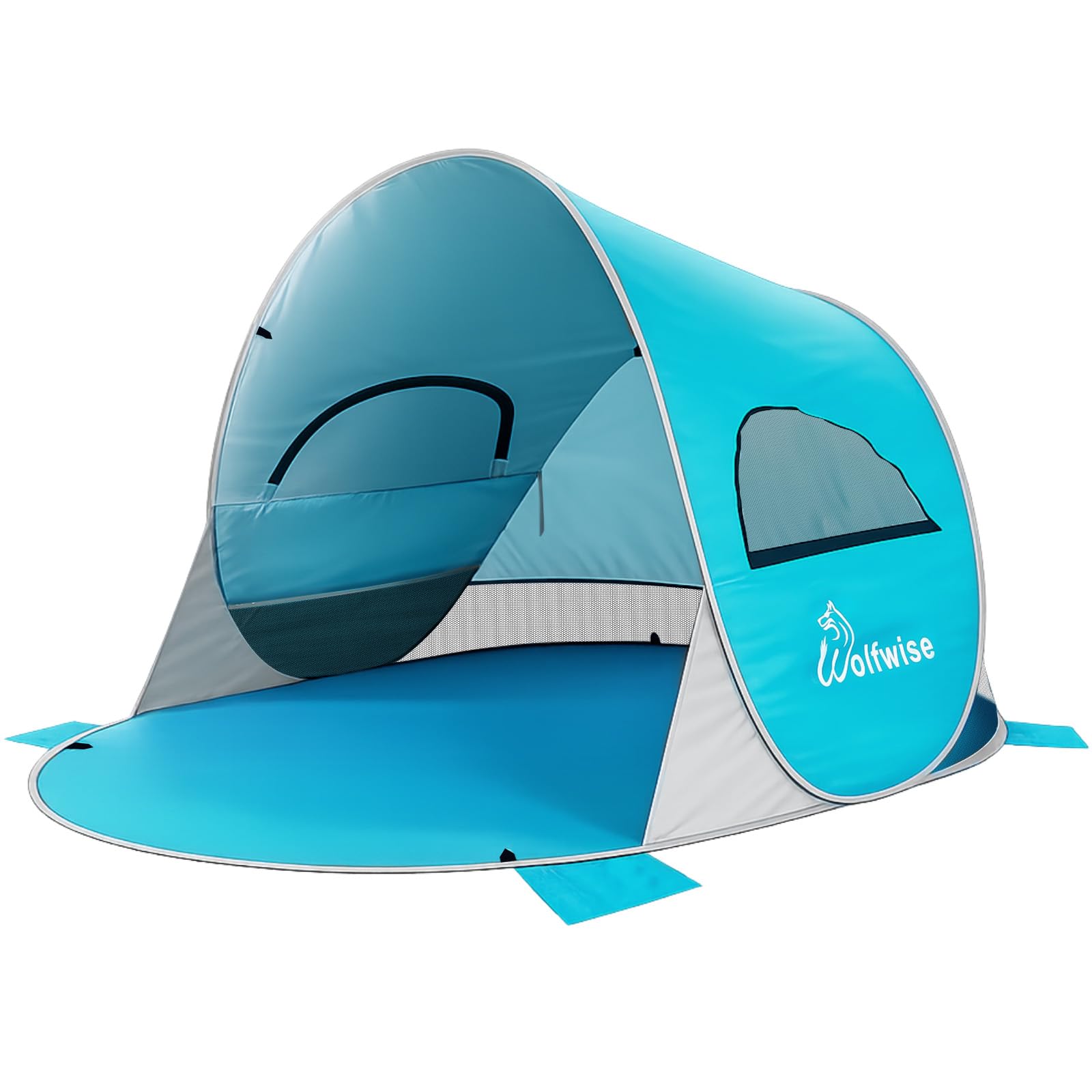 Wolfwise front view of pop up beach tent showing roomy shelter and quick setup benefit