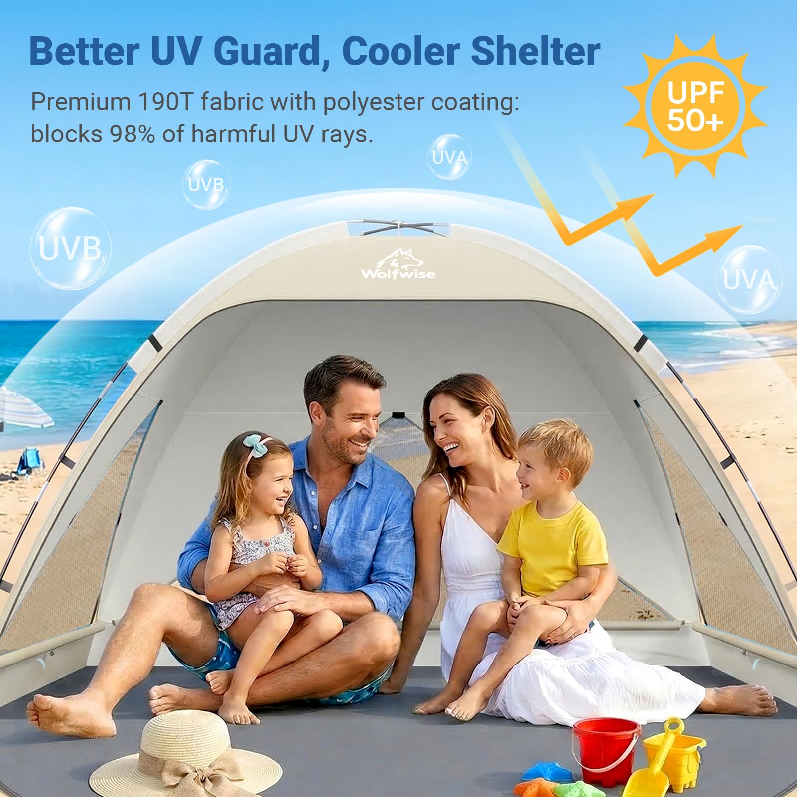 Wolfwise lifestyle shot of family at beach using cabana for shade and relaxation