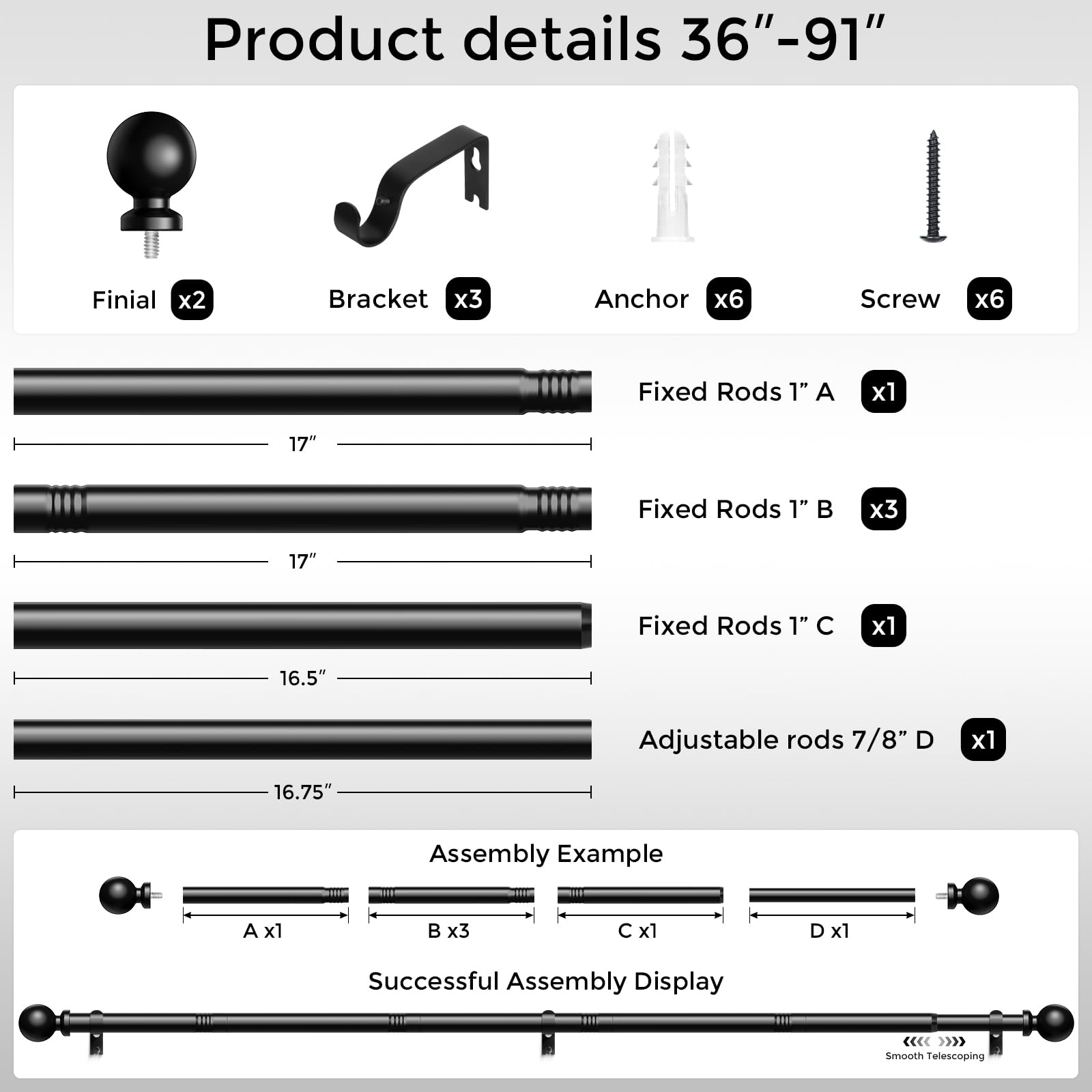 Wolistsa rod beside tape measure showing adjustable 36 to 91 inch range for fit