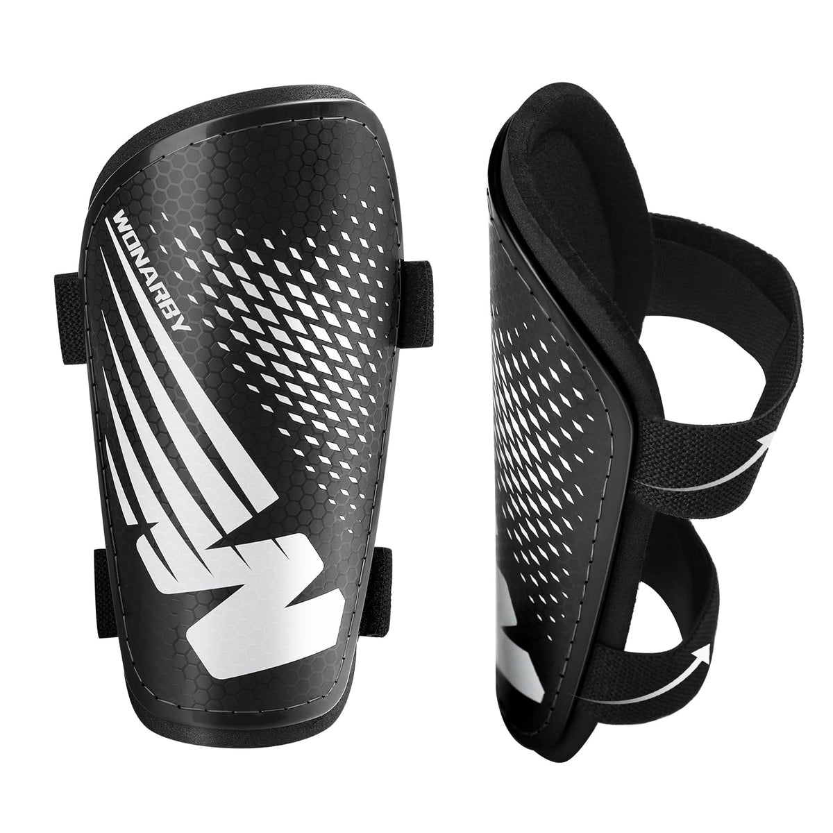 Wonarby front view of shin guards showing full coverage and secure fit