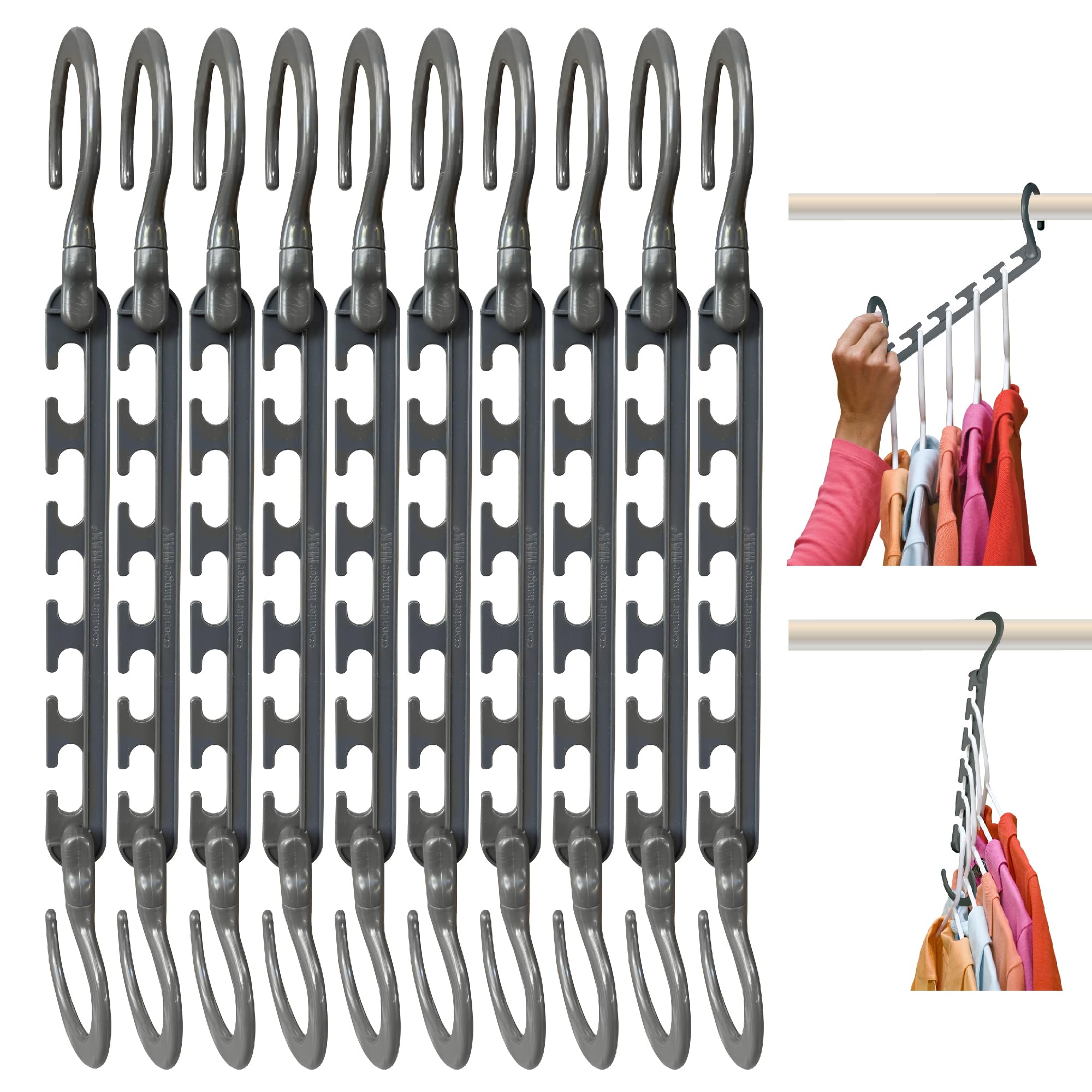 Wonder Hanger Max front view showing grey organizer and compact storage benefit