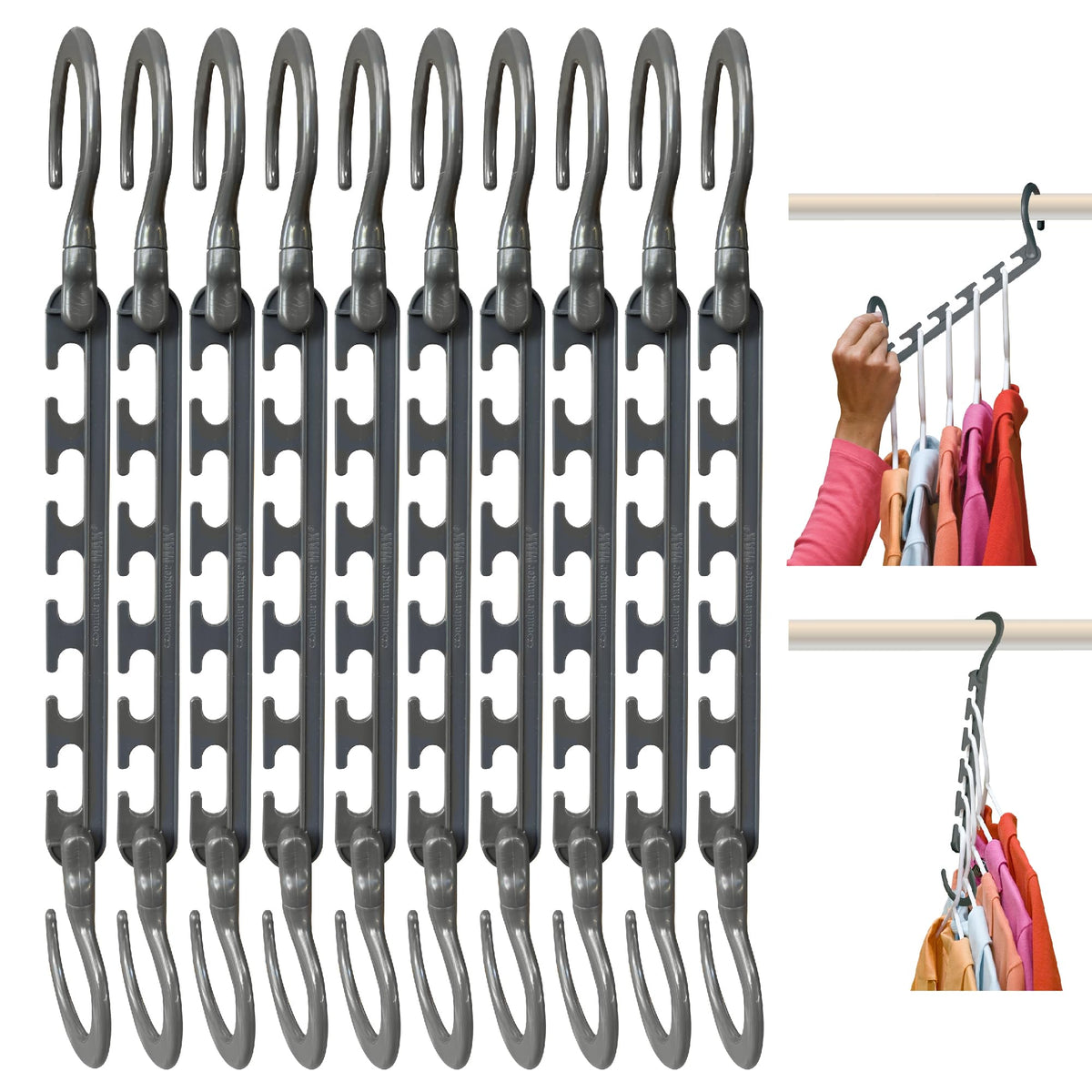 Wonder Hanger Max front view showing grey organizer and compact storage benefit