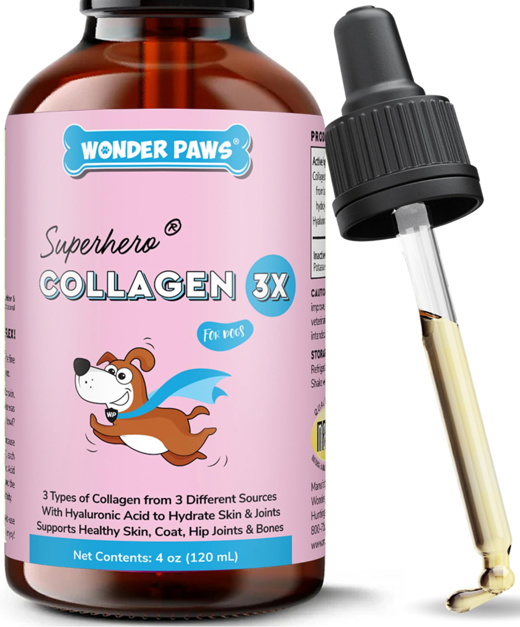 WONDER PAWS front bottle showing product and dosage benefits