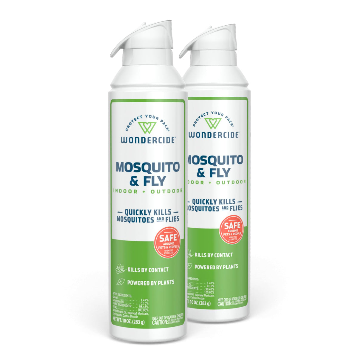 Wondercide aerosol front packaging showing 2-pack and plant-powered benefit