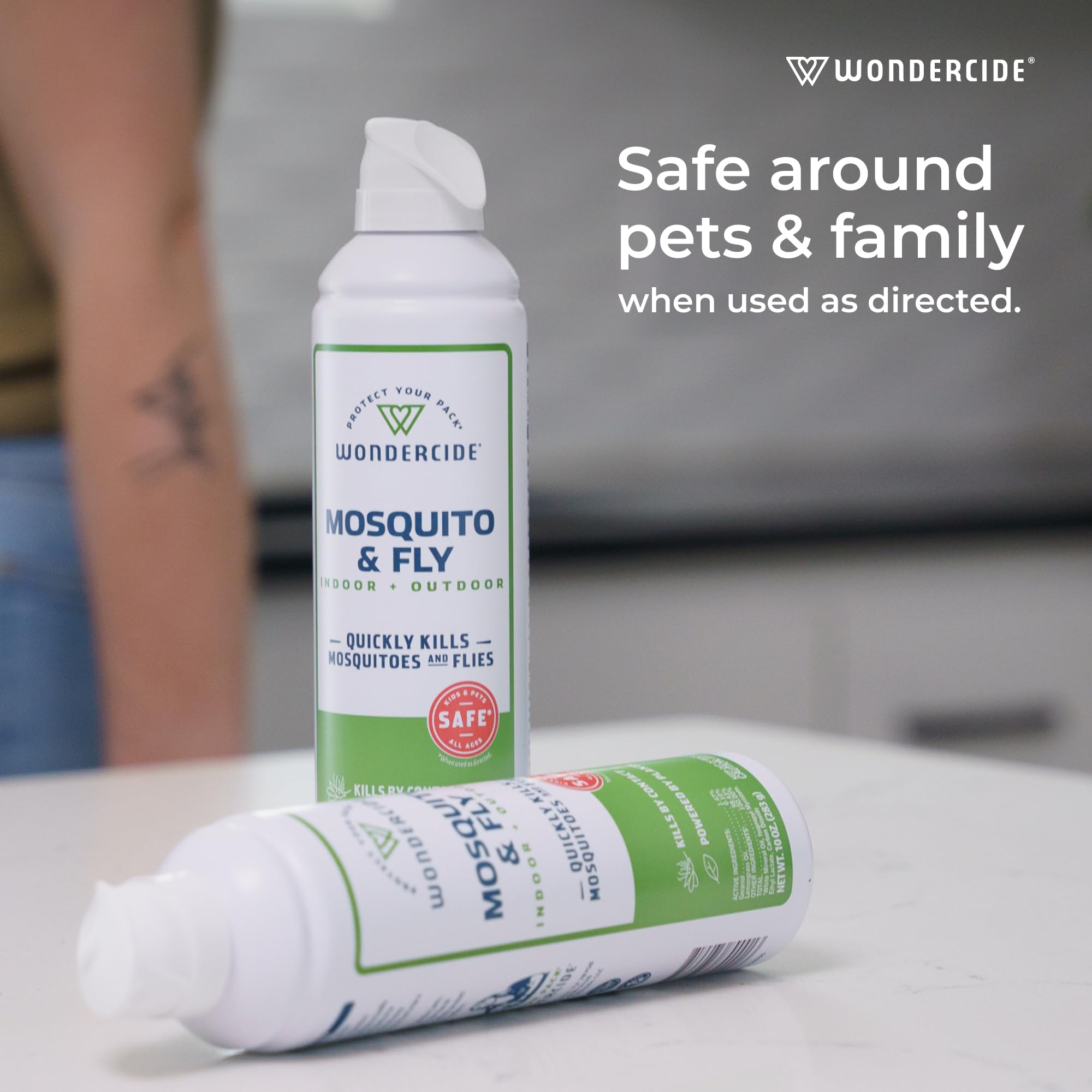 Wondercide aerosol on a patio showing family-friendly outdoor protection