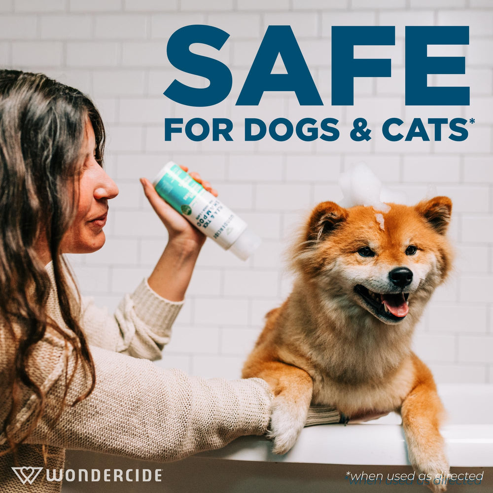 Wondercide cedarwood shampoo lather close-up demonstrating clean coat