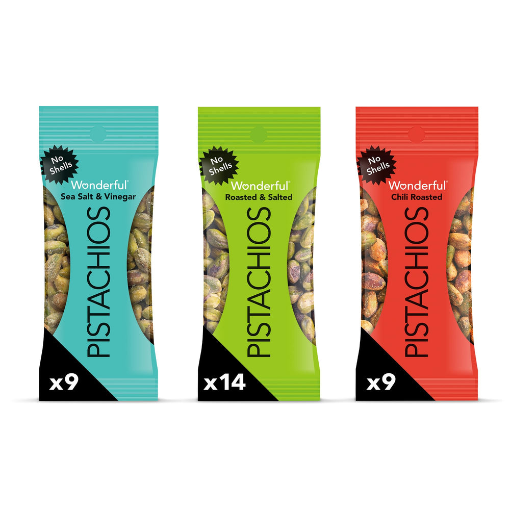 Wonderful Pistachios front packaging showing mixed variety and count for convenience