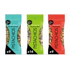 Wonderful Pistachios front packaging showing mixed variety and count for convenience