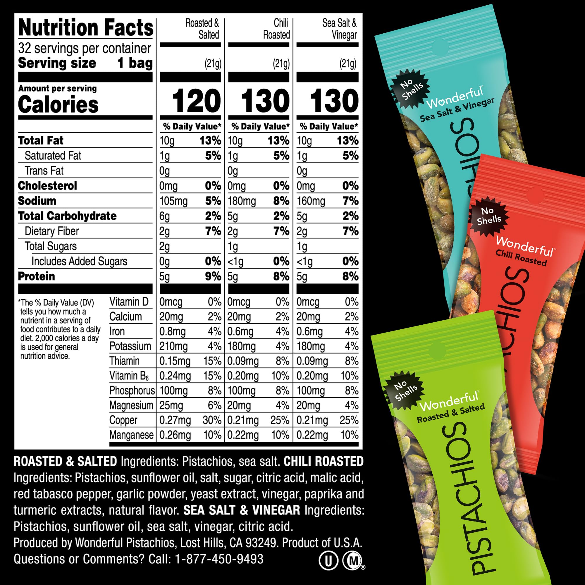 Wonderful Pistachios held in hand to show pouch size and travel-friendly benefit