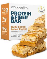 Wonderslim front packaging showing salted toffee pretzel flavor and benefits