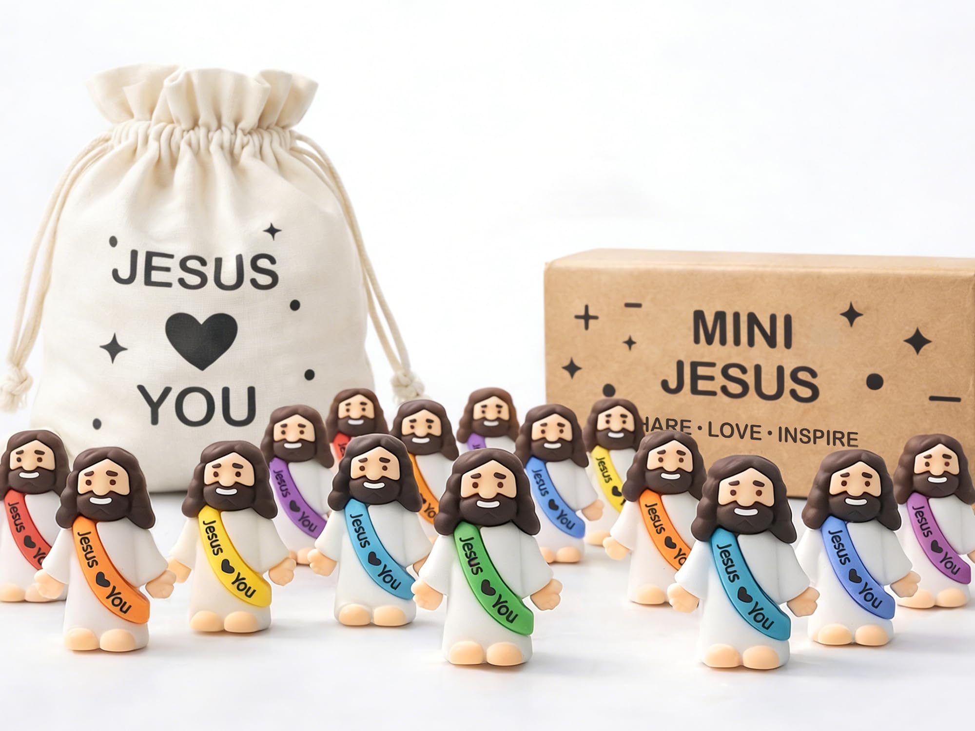 Wondrus front pouch with 105 multicolor mini Jesus figures showing easy transport