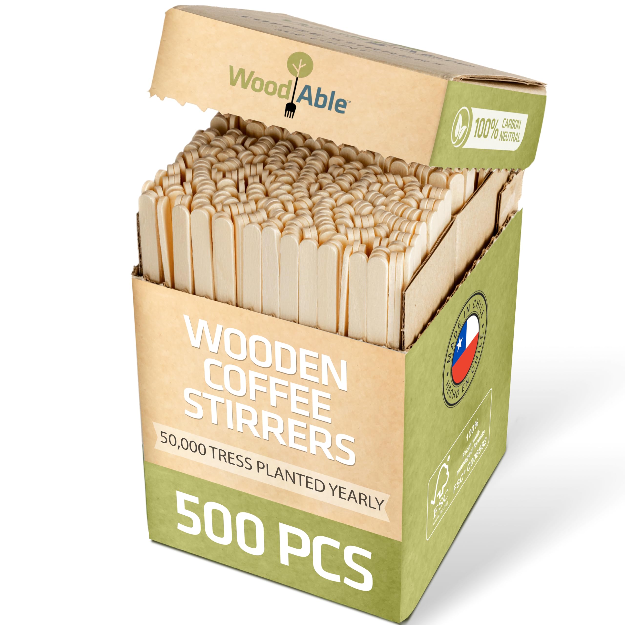 WOODABLE front packaging showing 500-count eco-friendly stirrers