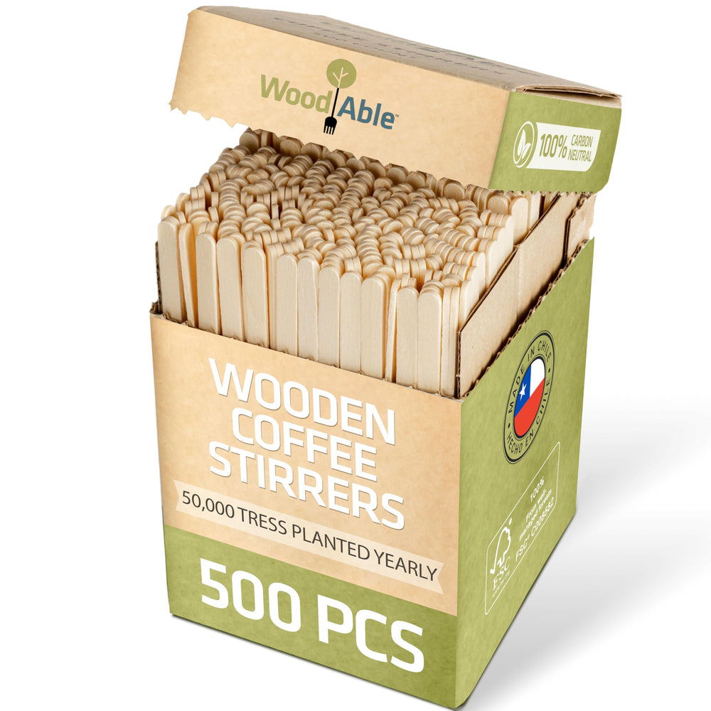 WOODABLE front packaging showing 500-count eco-friendly stirrers