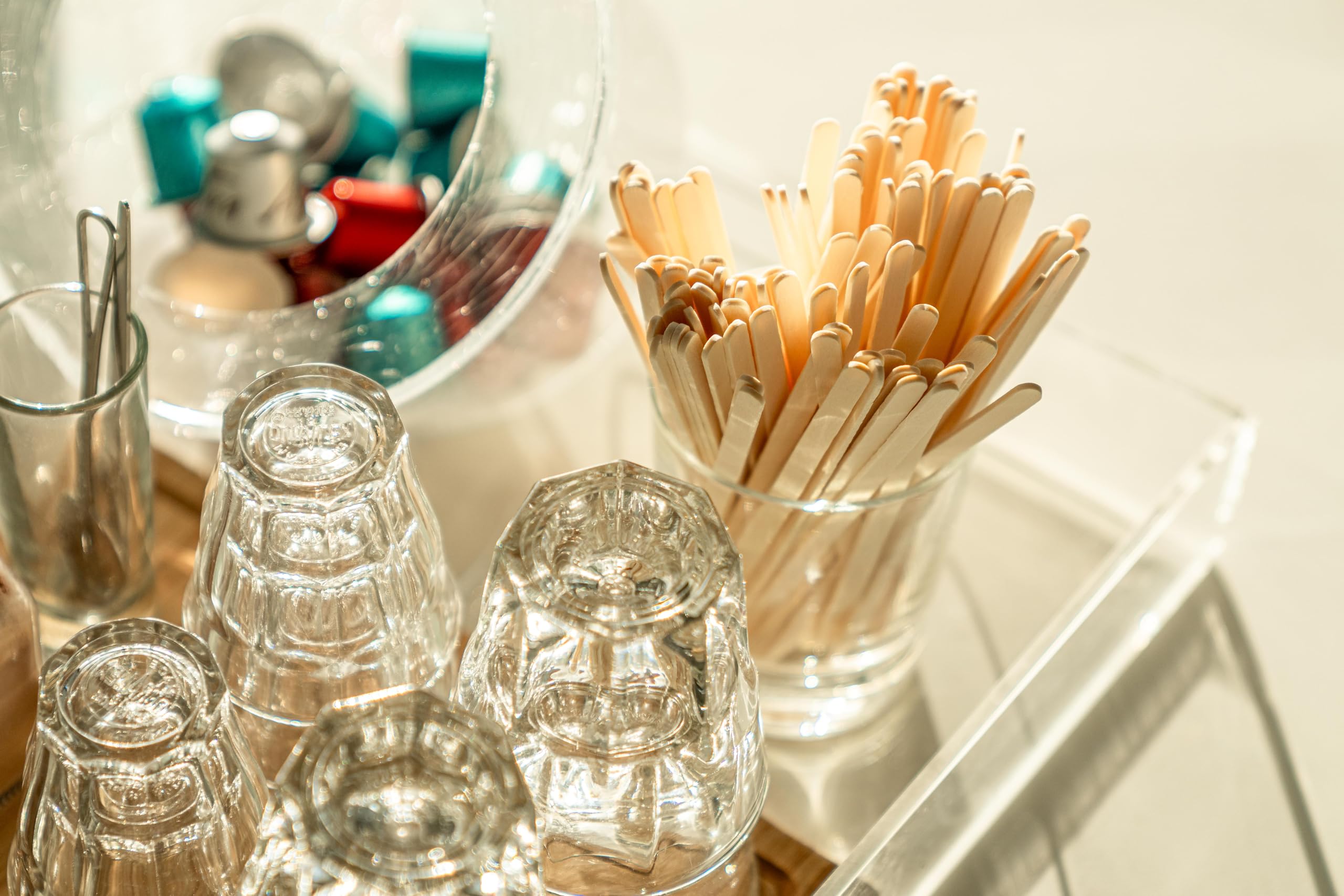 WOODABLE stirrers at a coffee station showing professional presentation