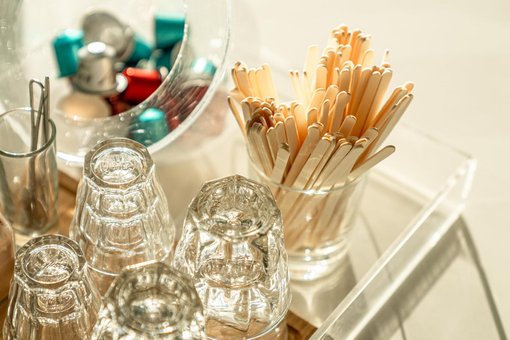 WOODABLE stirrers at a coffee station showing professional presentation