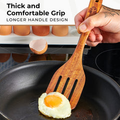 Woodenhouse slotted spatula draining oil from food to reduce excess benefit
