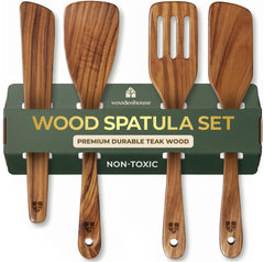 Woodenhouse front view of four teak spatulas showing set and finish benefit