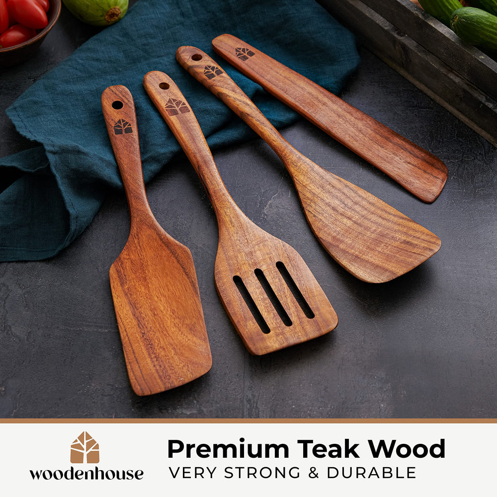 Woodenhouse turner in nonstick pan protecting coating while flipping food